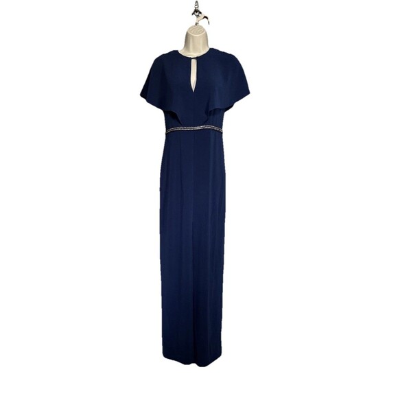 Halston Heritage Cape Sleeve Gown Dress Size 0 Blue Rhinestones *FLAWED - Picture 1 of 16